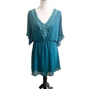 Sage Turquoise Crochet Tunic Dress Elastic Waist Semi Sheer Size Medium